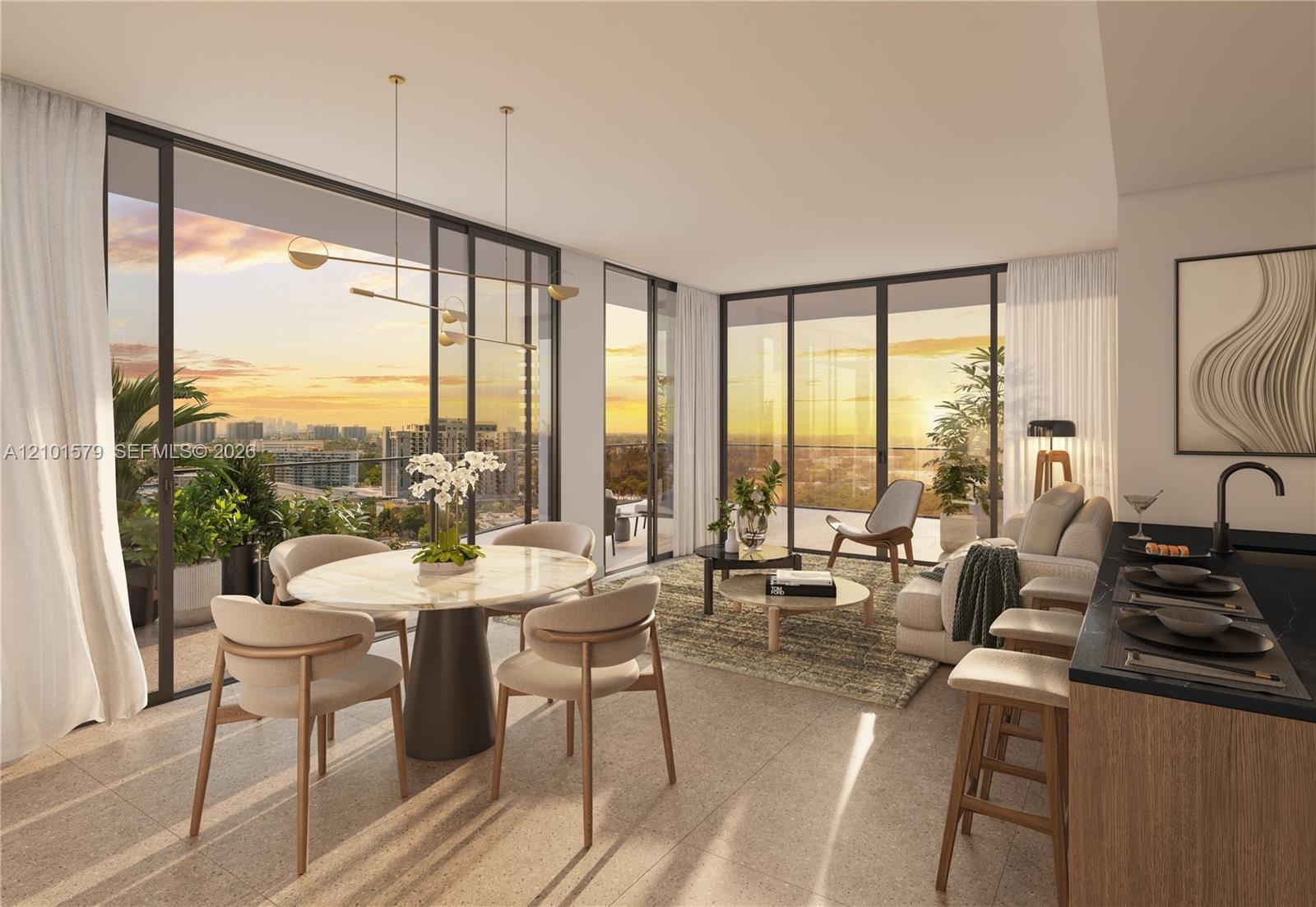 Floor-to-ceiling windows, open balcony access, neutral stone-finish flooring, modern linear pendant lighting, and kitchen with dark-toned cabinetry an