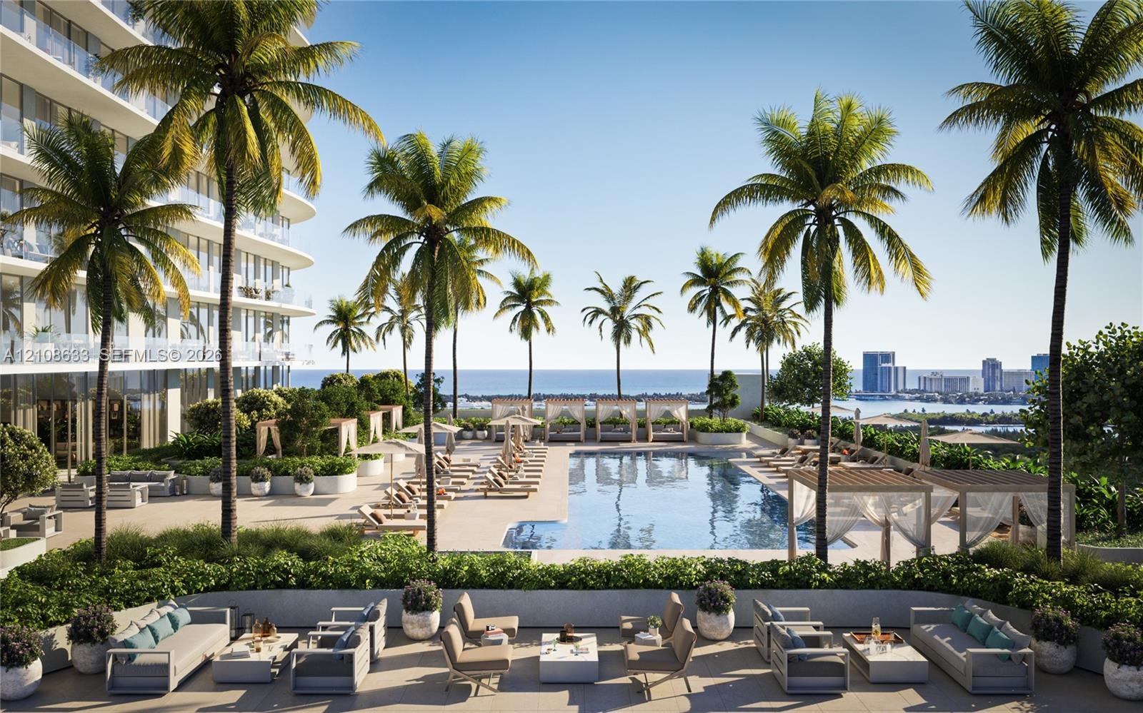 Outdoor terrace featuring a swimming pool, integrated cabanas, mature palm trees, stone-tile flooring, and glass railing balcony enclosures