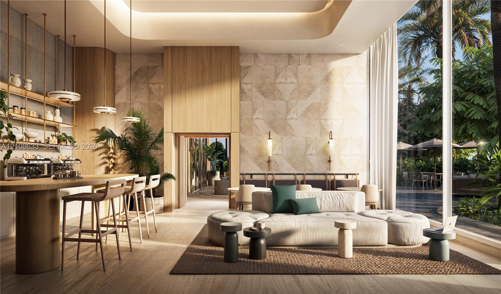 Double-height ceilings with recessed cove lighting, floor-to-ceiling windows, wood-finish flooring, textured stone accent wall, and integrated open sh
