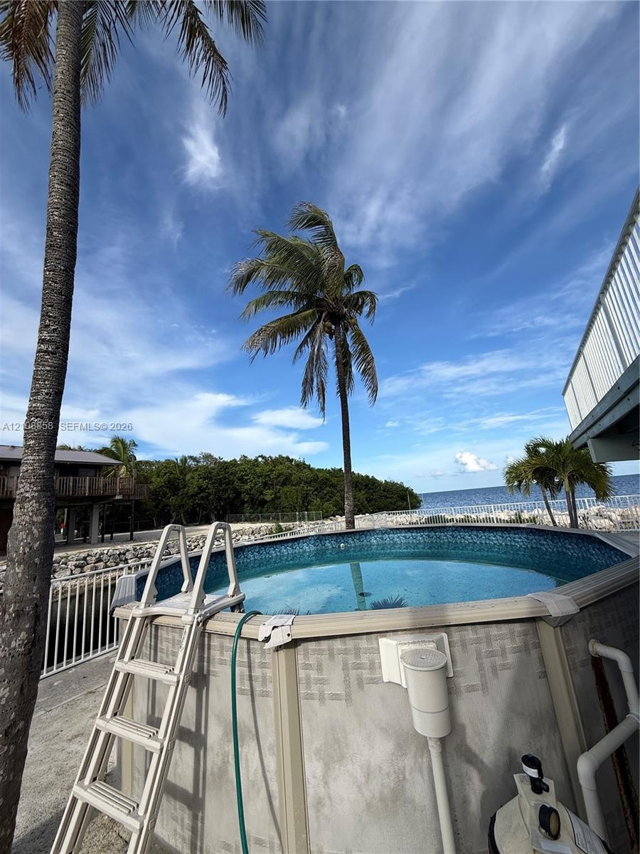 Above-ground pool with a metal ladder and exterior filtration system, situated within a coastal landscape featuring palm trees and direct water fronta