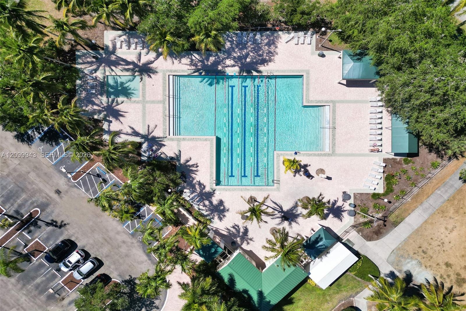 Aerial view of an outdoor swimming pool featuring lap lanes, an integrated spa, paved pool deck, and shaded structures, surrounded by mature landscapi