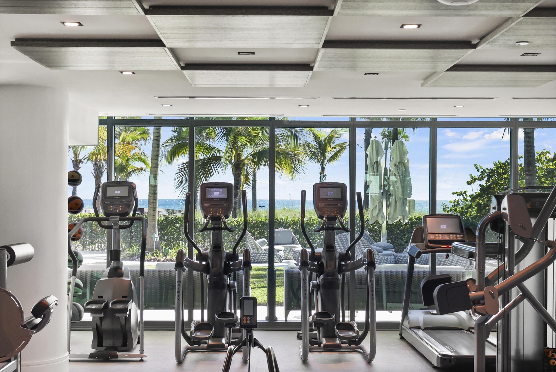 The state of the art fitness center overlooks the Atlantic Ocean.