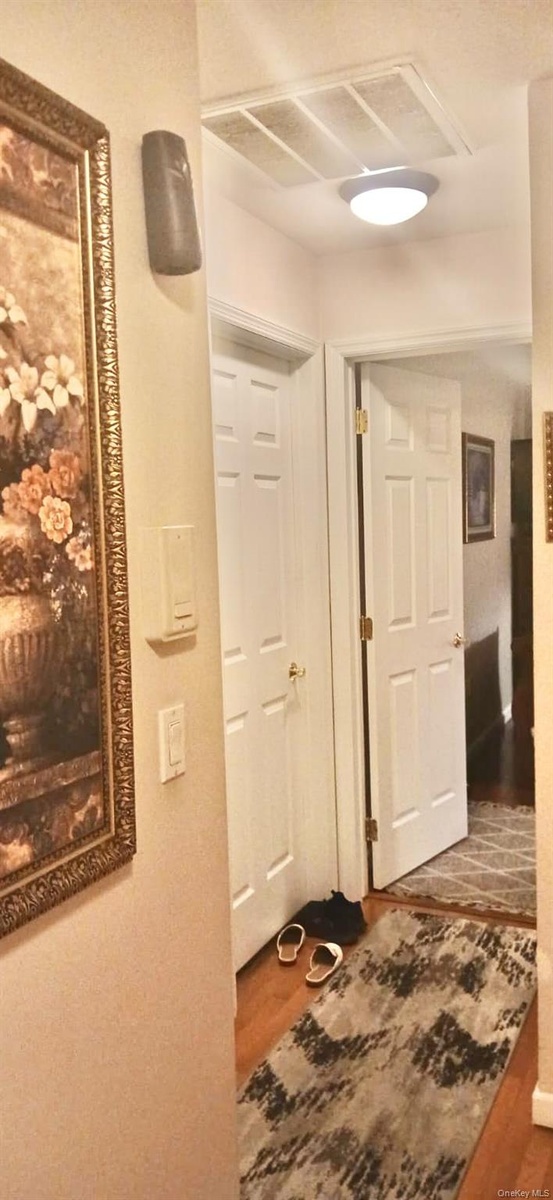 Six-panel interior doors with brass-tone hardware, wood-finish flooring, and flush-mount overhead lighting
