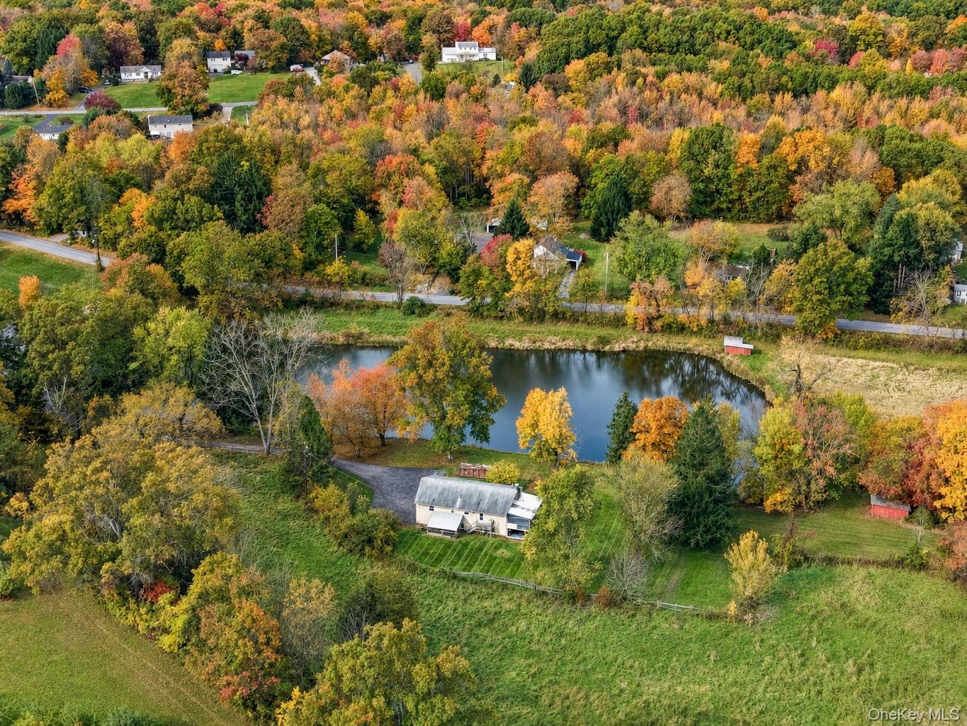 Aerial perspective featuring a detached structure, private pond, and expansive acreage defined by mature deciduous trees