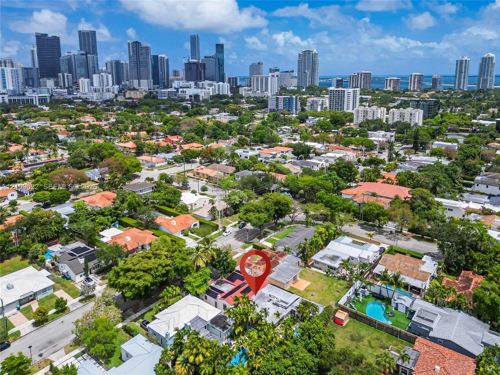 Aerial perspective of a property featuring a multi-section roofline, surrounding mature tree canopy, and metropolitan skyline backdrop