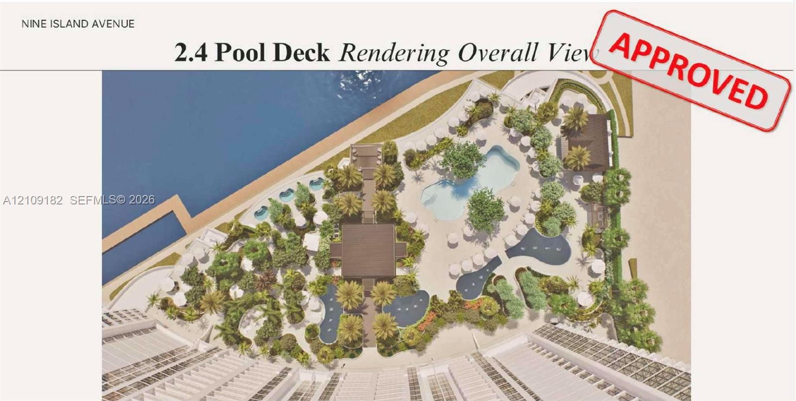 High-rise building featuring private boat slips, concrete docking structures, and perimeter palm tree landscaping