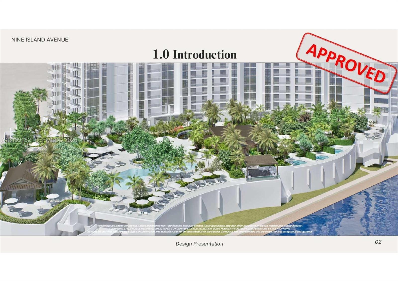 High-rise residential building featuring expansive water frontage, deep-water bay access, mature tropical landscaping, and integrated parking faciliti