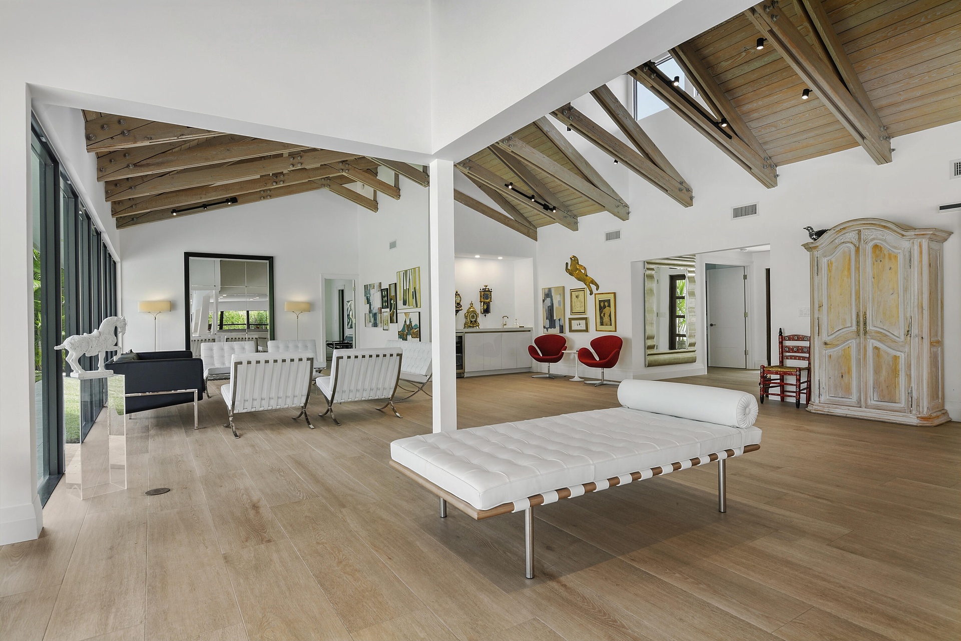 Open concept with amazing beamed vaulted ceiling