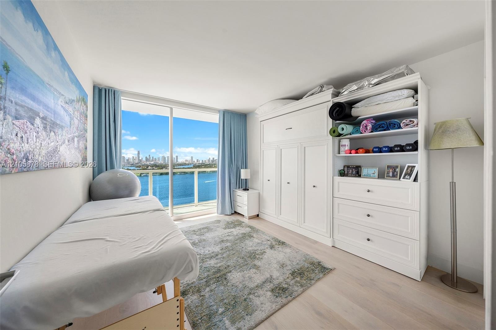 Floor-to-ceiling sliding glass door, custom built-in white cabinetry with integrated shelving and drawers, wood-finish flooring, and coastal skyline h