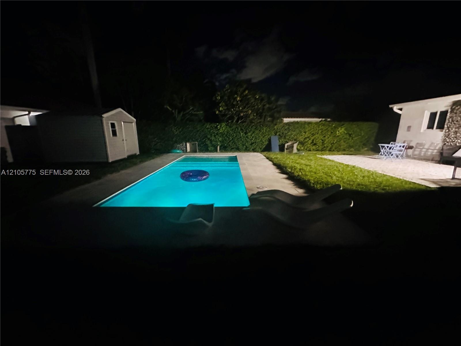Backyard featuring an in-ground swimming pool, concrete patio, gravel area, perimeter hedging, and a detached storage structure