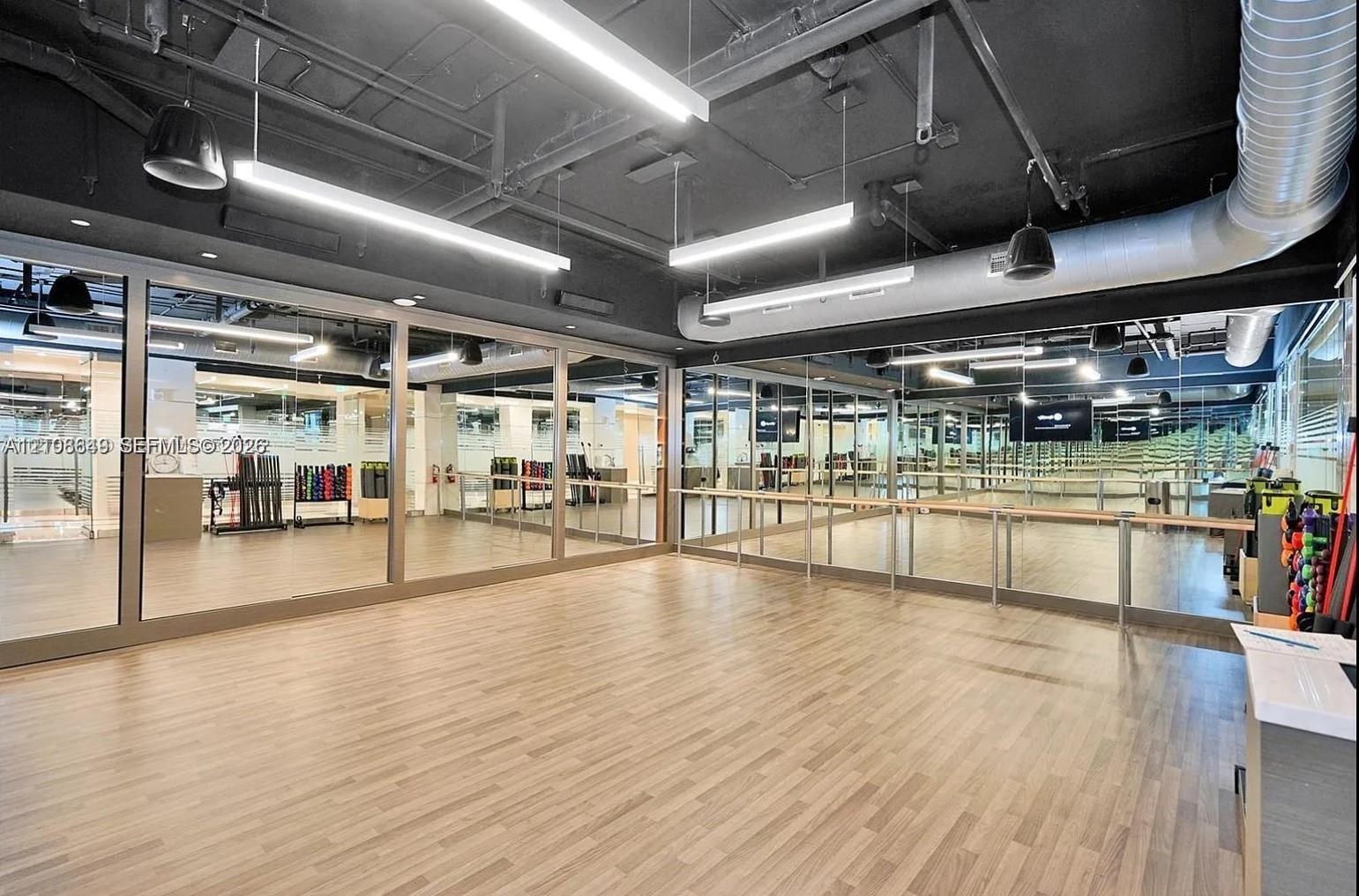 Studio space featuring wood-finish flooring, floor-to-ceiling mirrors, exposed industrial ceiling, linear LED lighting, and a wall-mounted wooden ball