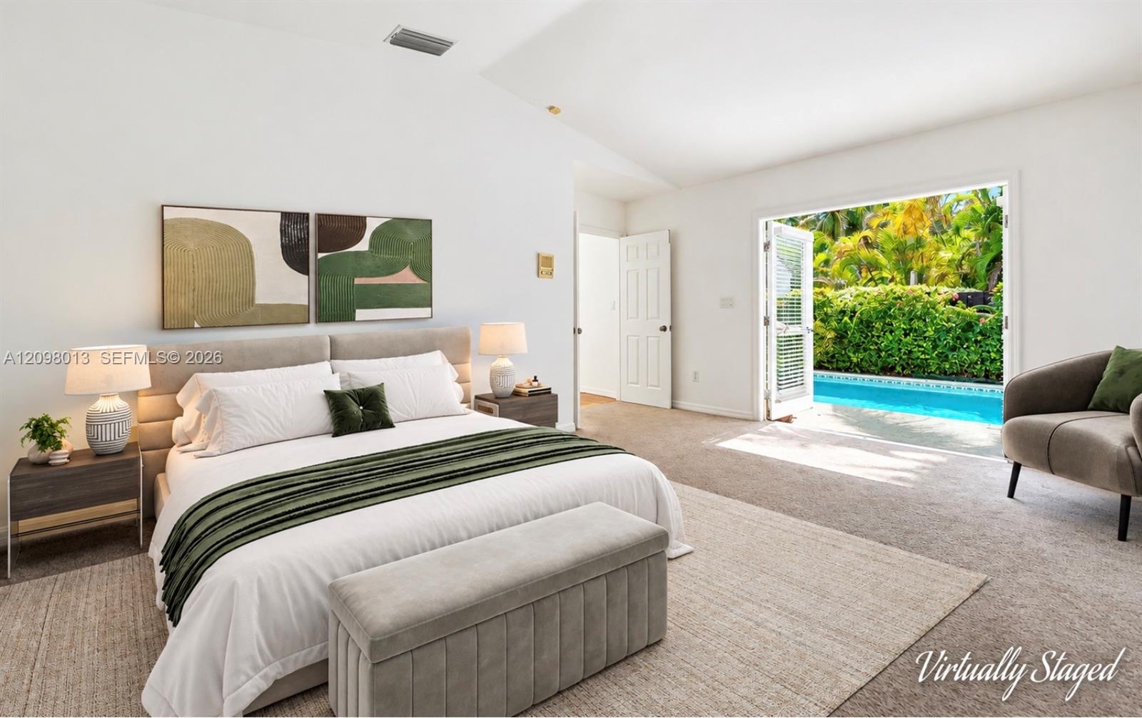 Vaulted ceilings, and French doors opening to swimming poolVirtually staged photo