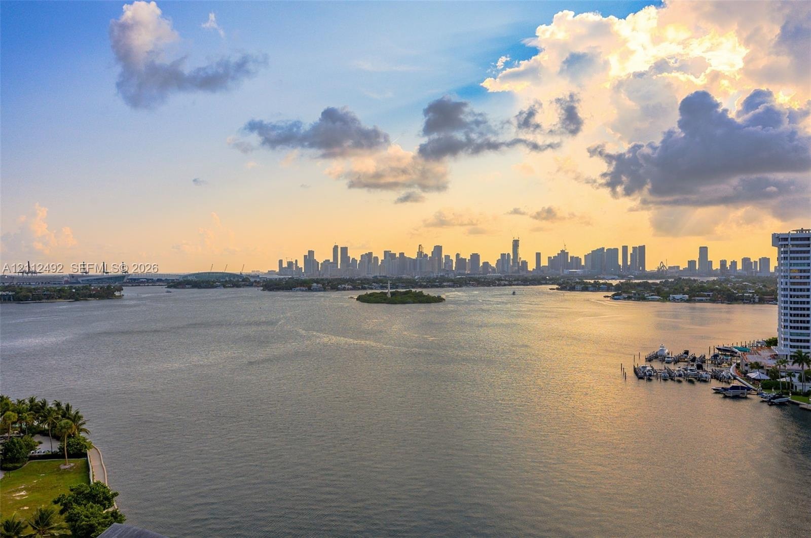 Expansive water frontage featuring a panoramic cityscape, marina docks, and coastal greenery