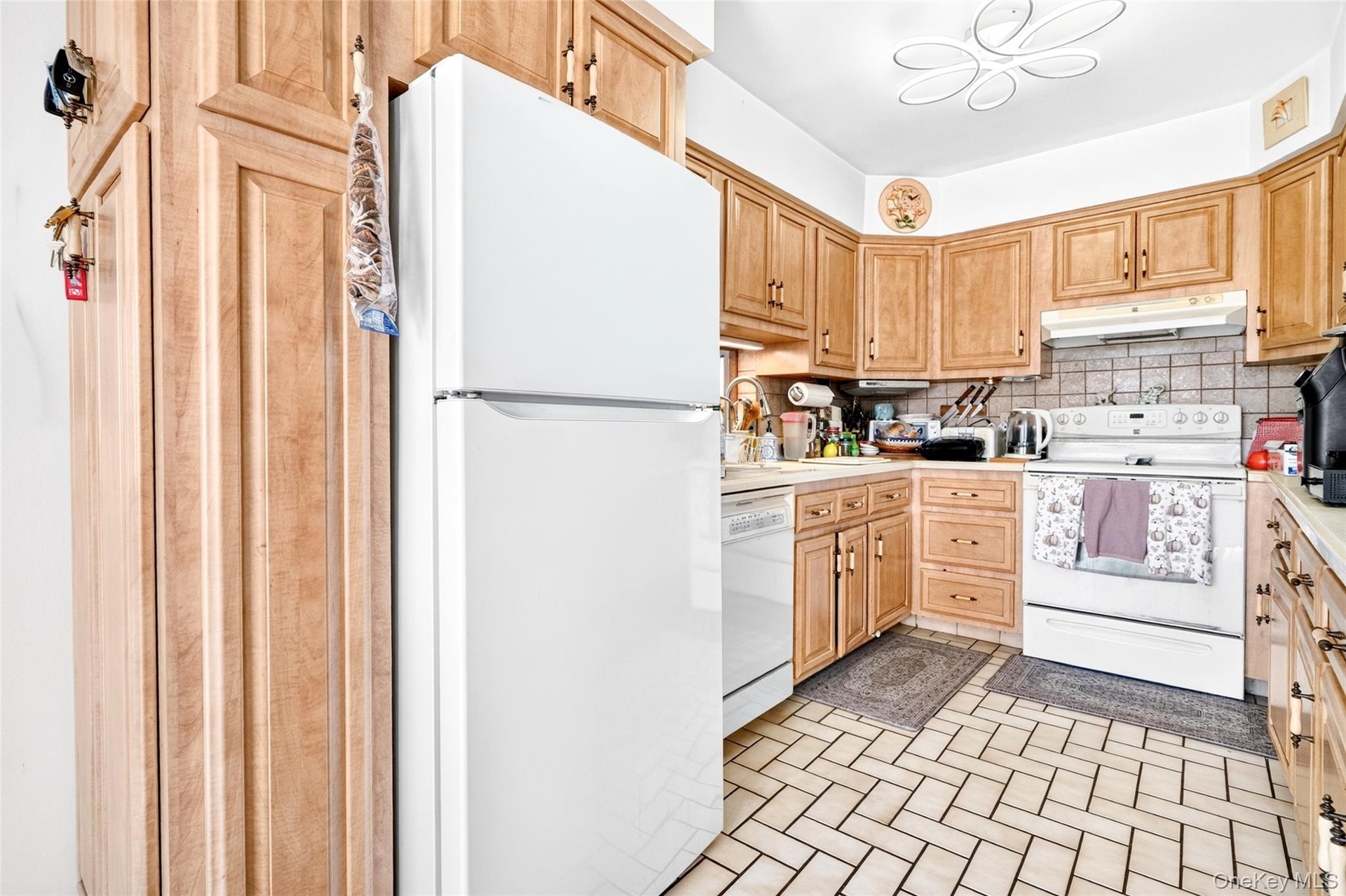 Another view, showing the pantry, dishwasher, range/oven and microwave.