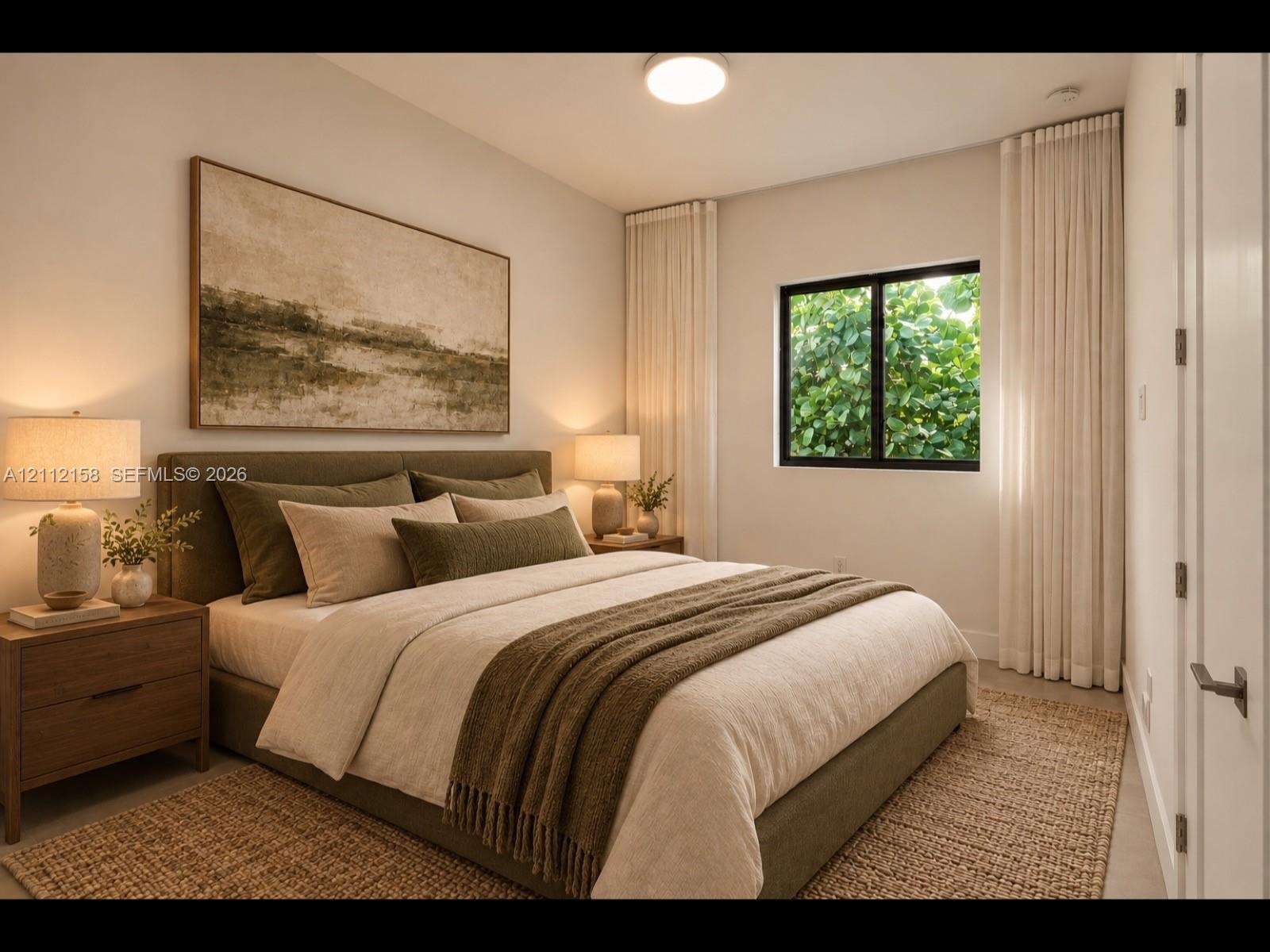 Peaceful bedroom with a black-framed window, floor-to-ceiling curtains, and a soft neutral palette