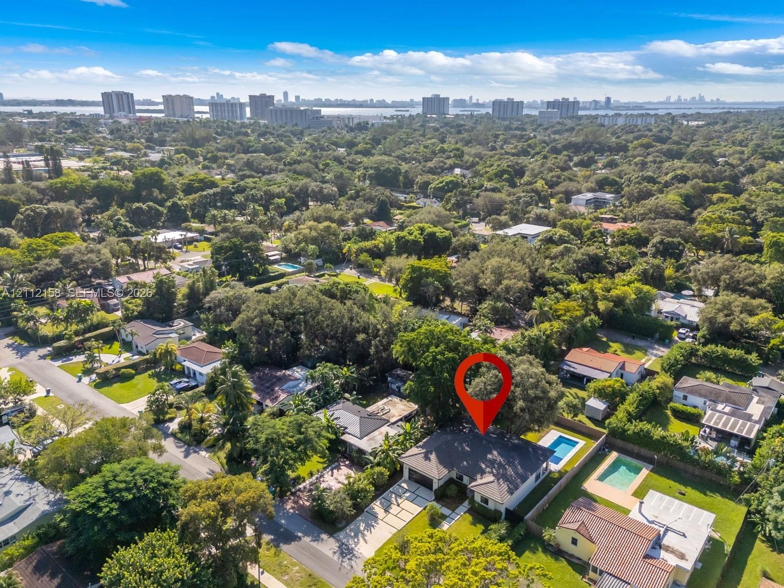 Bird's-eye view of the single-story home with private pool, driveway, and mature landscaping