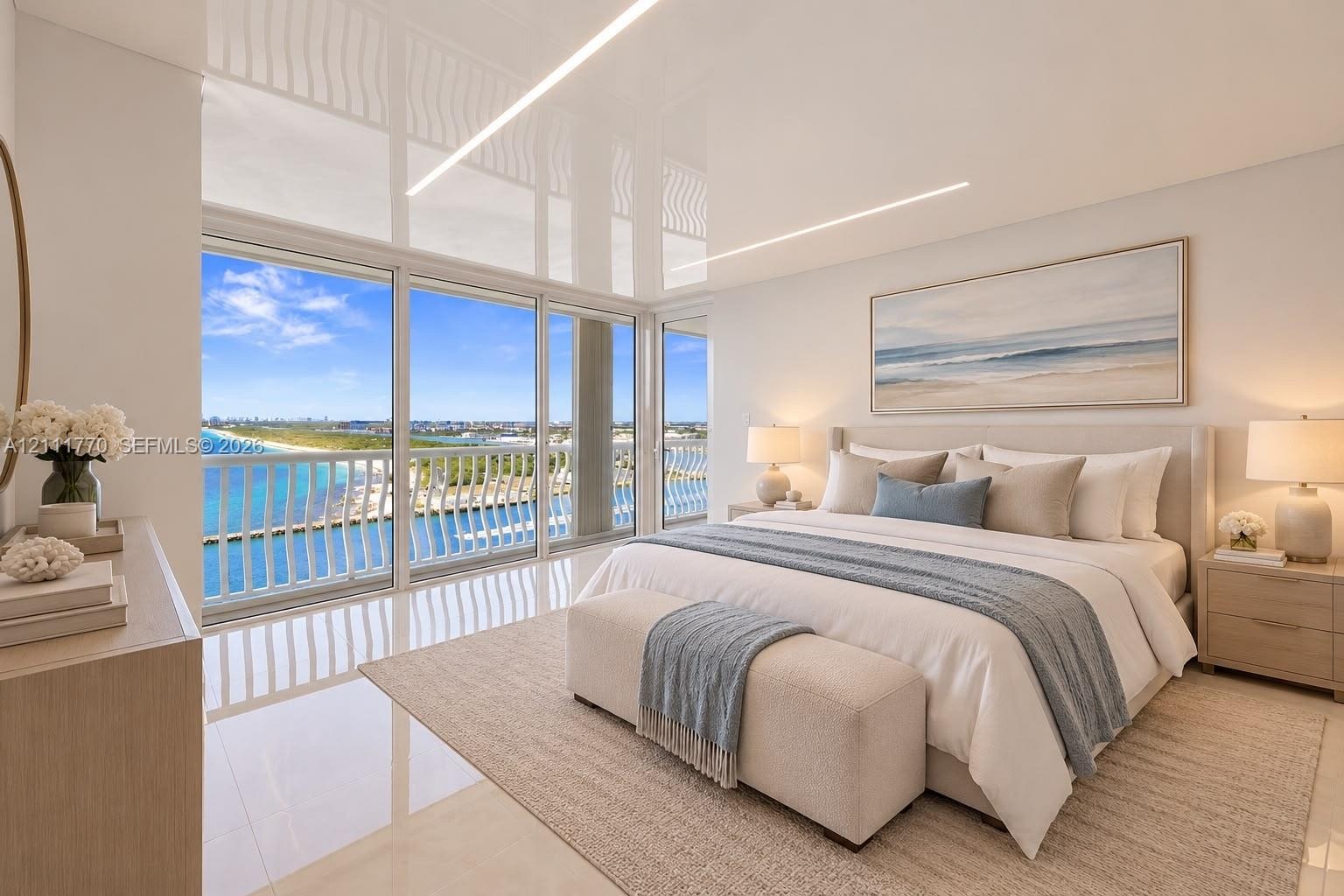 Floor-to-ceiling glass sliding doors, high-gloss ceiling finish, recessed linear lighting, polished tile flooring, and a private balcony with railing