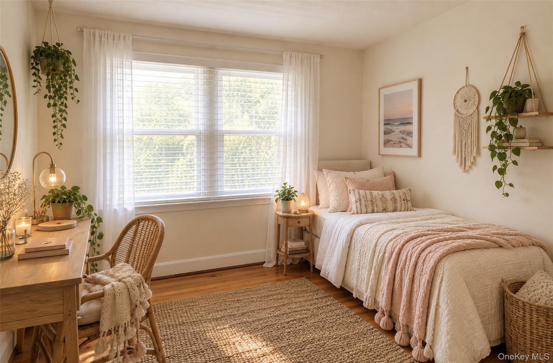 Neutral-toned room featuring wood-finish flooring and a double window