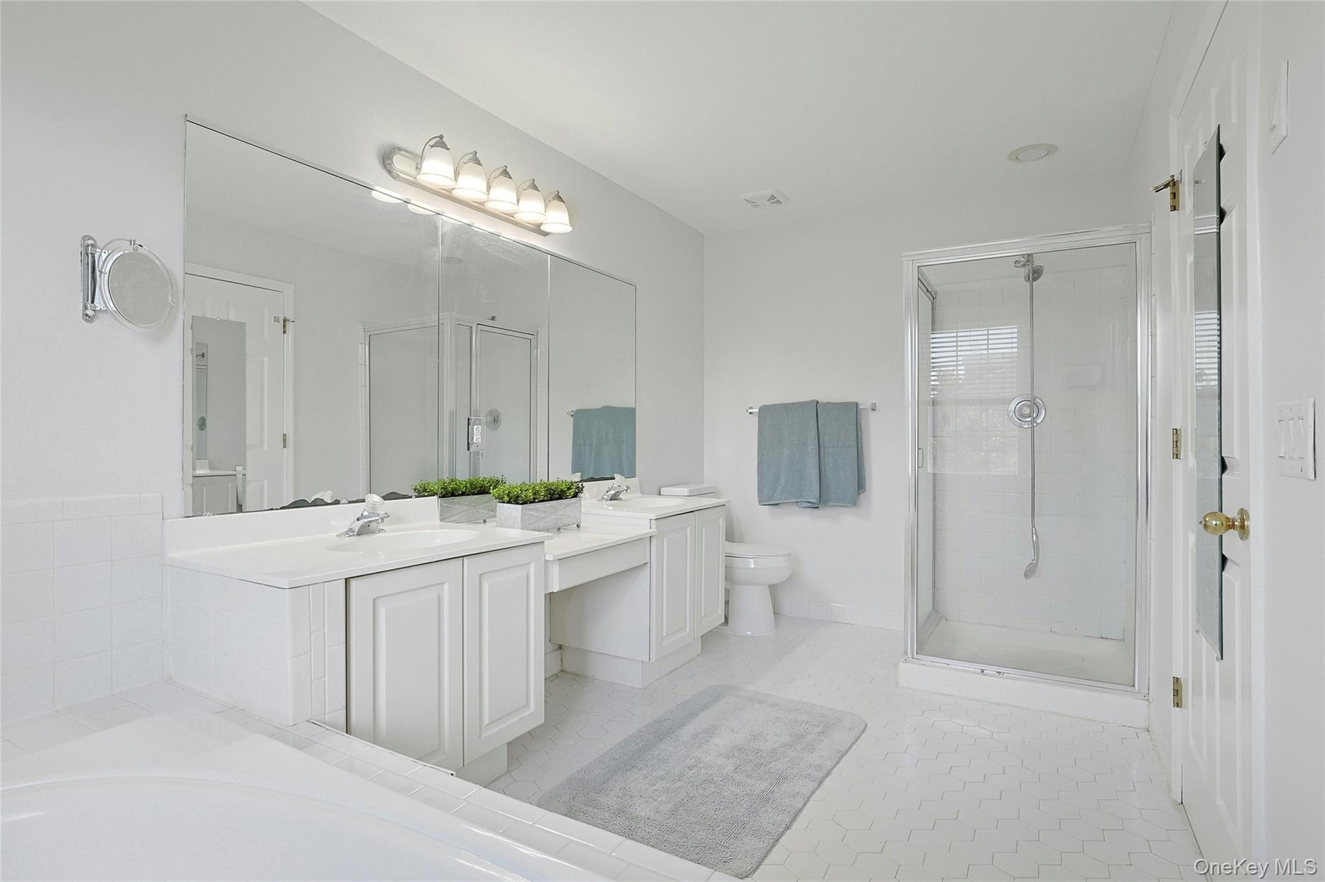 Primary Bathroom boasts separate shower, large soaking tub, double vanity and light tiles