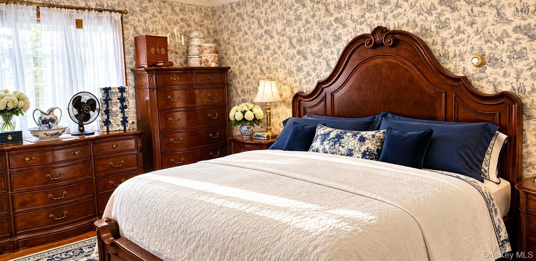 Bedroom featuring patterned wall coverings, window with translucent drapery, and polished wooden flooring