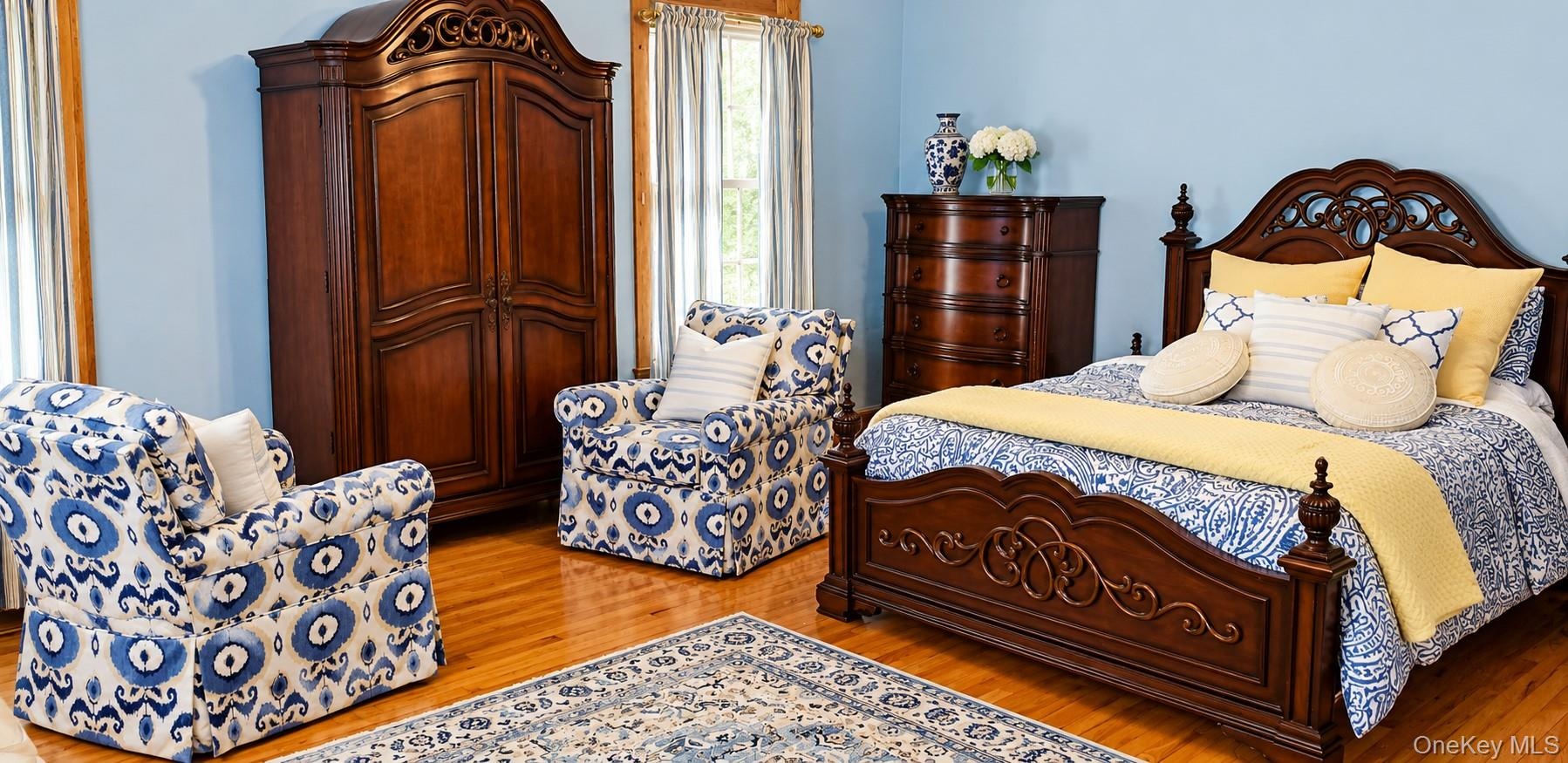 Wood-finish flooring and natural wood window trim
