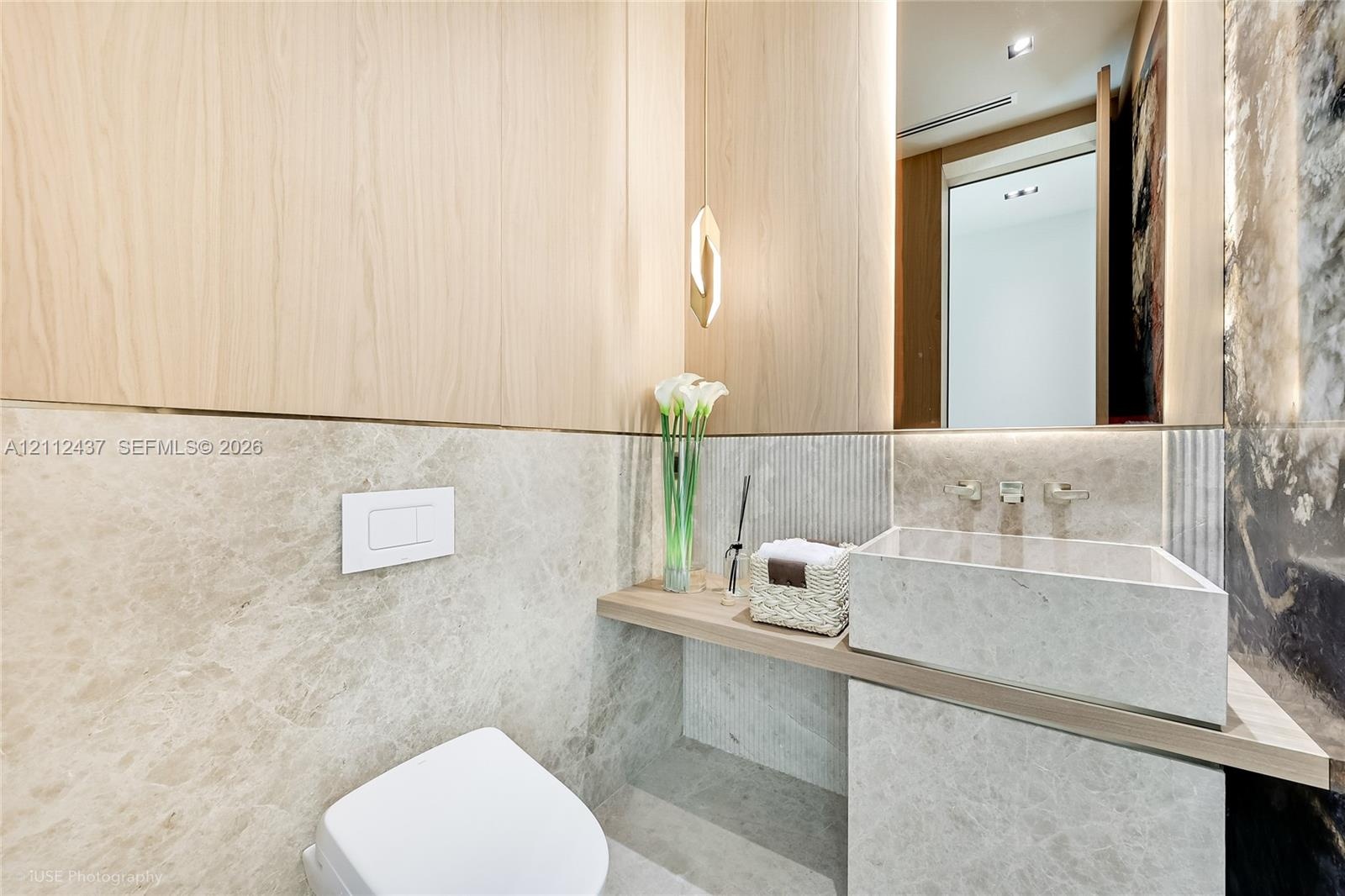 Wall-mounted toilet with a concealed flush plate, stone-tiled walls, light wood paneling, stone vanity with a vessel sink, and integrated LED accent l
