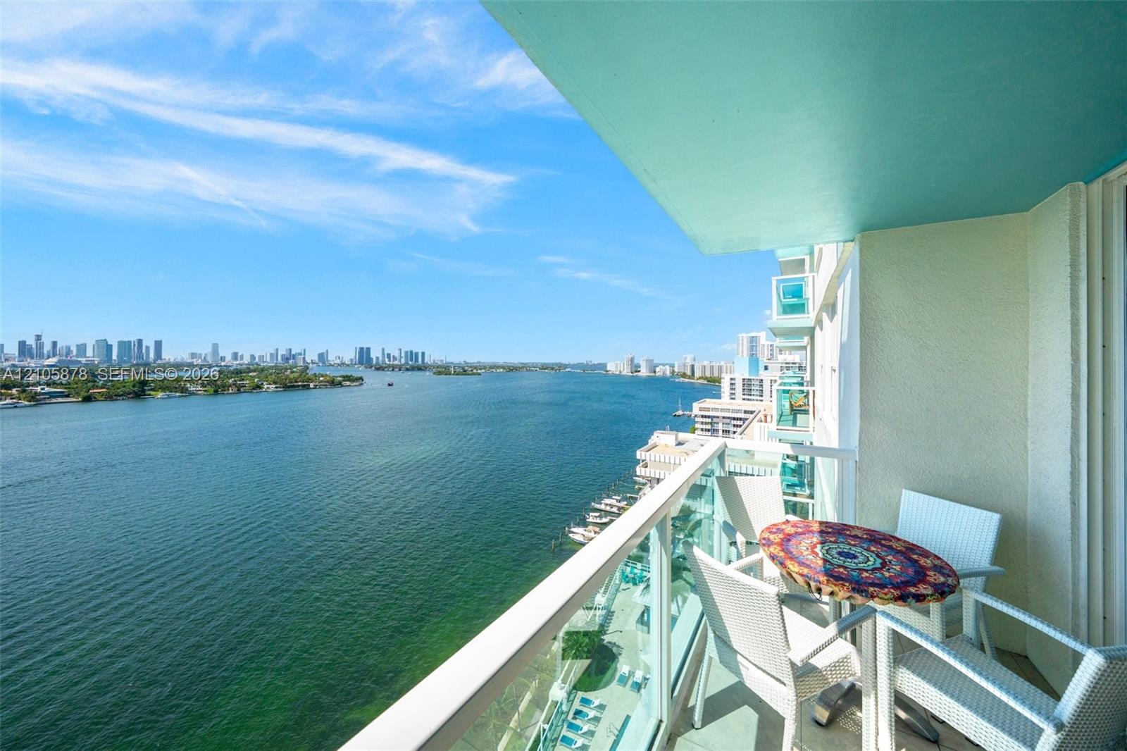 Covered balcony featuring glass railing and expansive water and city skyline outlooks