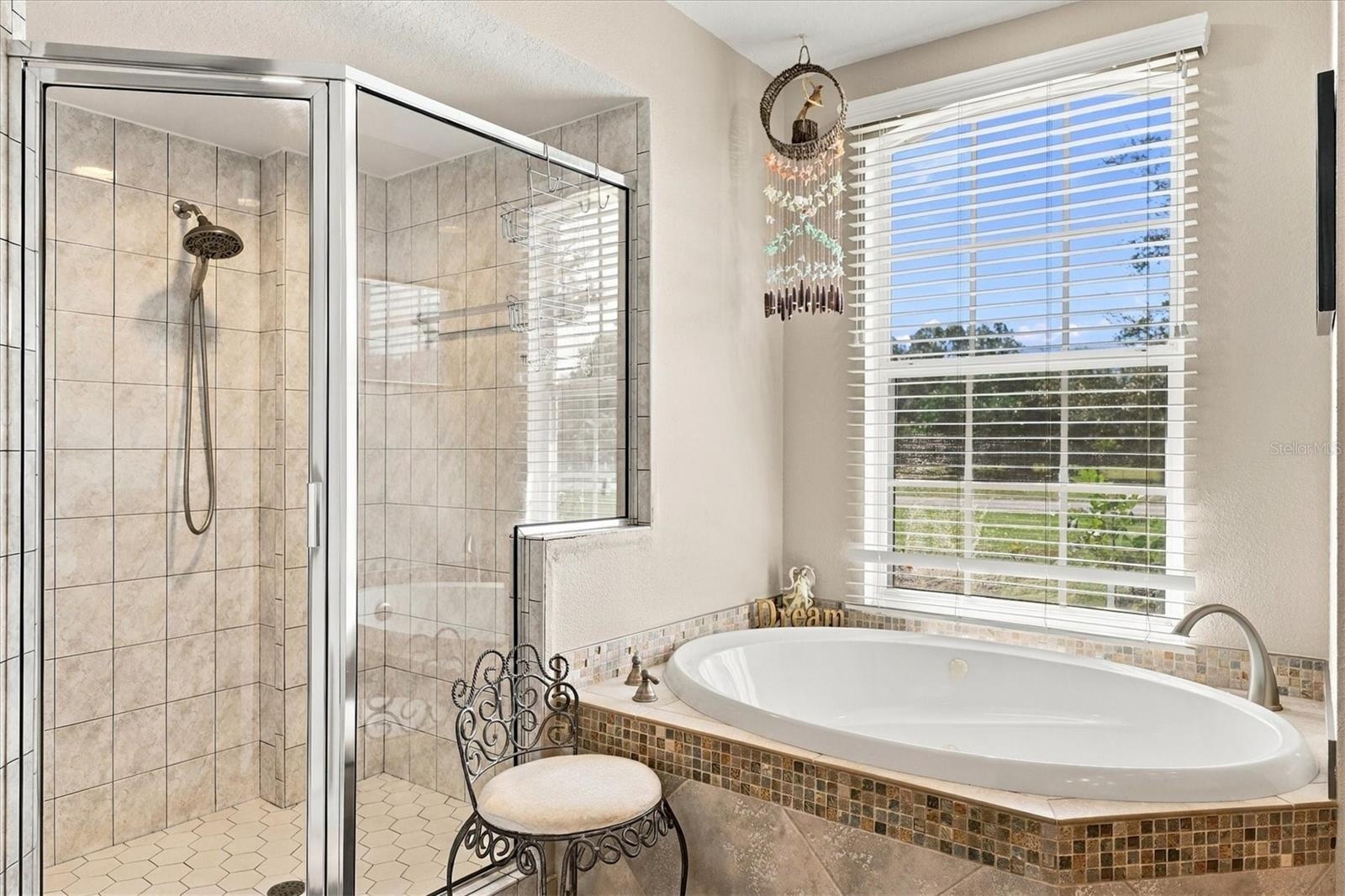 Primary bathroom with jetted tub and glass shower.