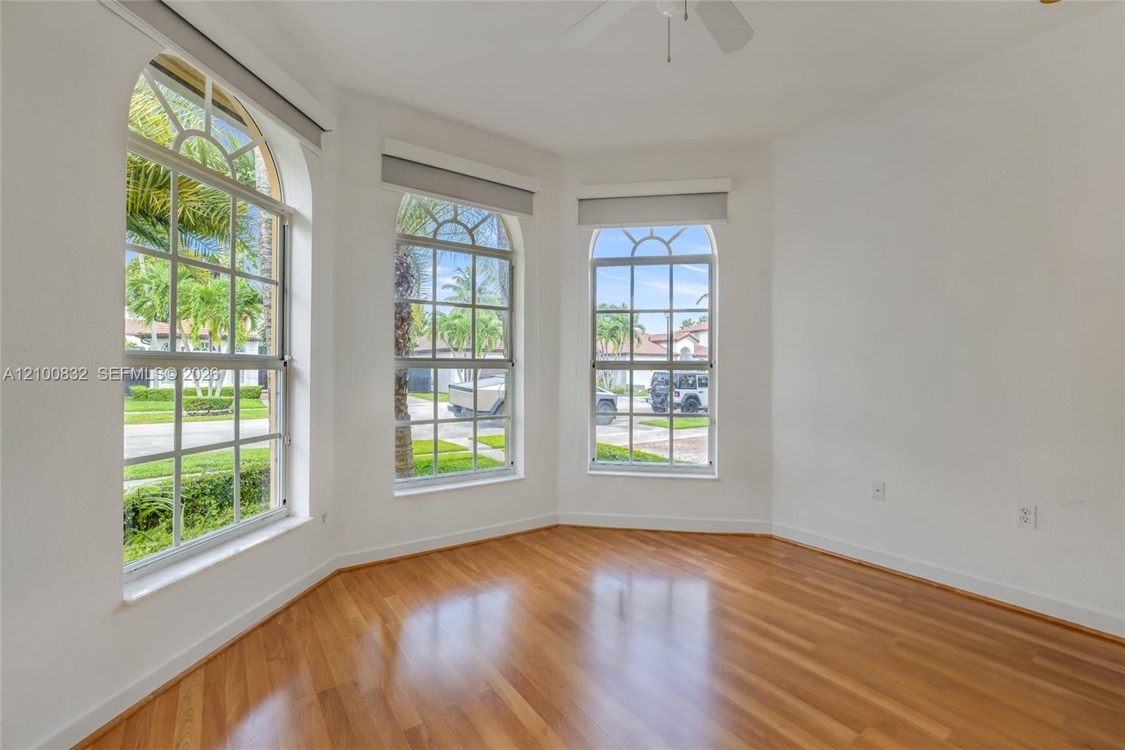 Bay window featuring arched multi-pane glass, wood-finish flooring, and white interior wall surfaces