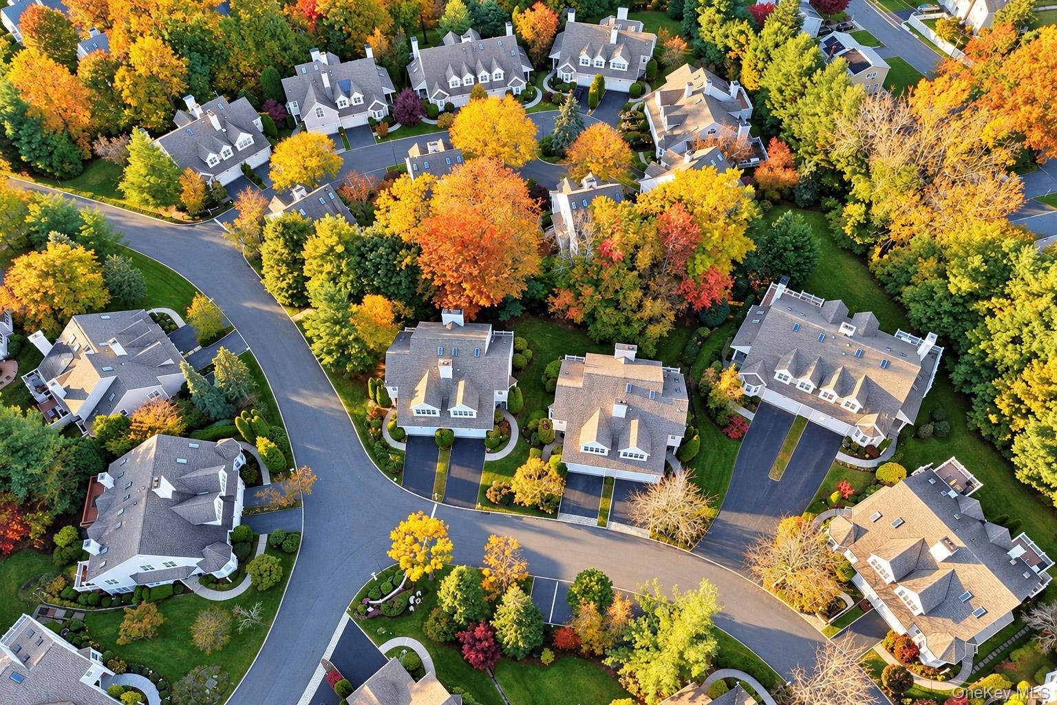 Aerial perspective of a residential neighborhood featuring paved asphalt roadways, multi-story residences with shingled roofing, paved driveways, and 