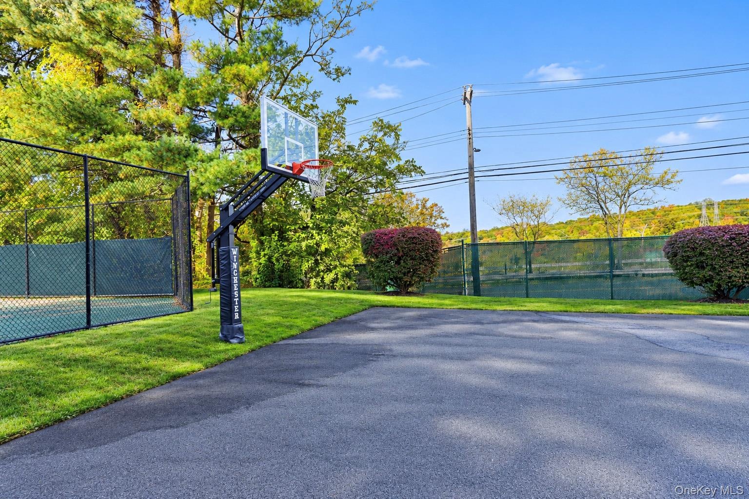Paved multi-purpose court featuring a basketball hoop, chain-link fencing, and manicured landscaping