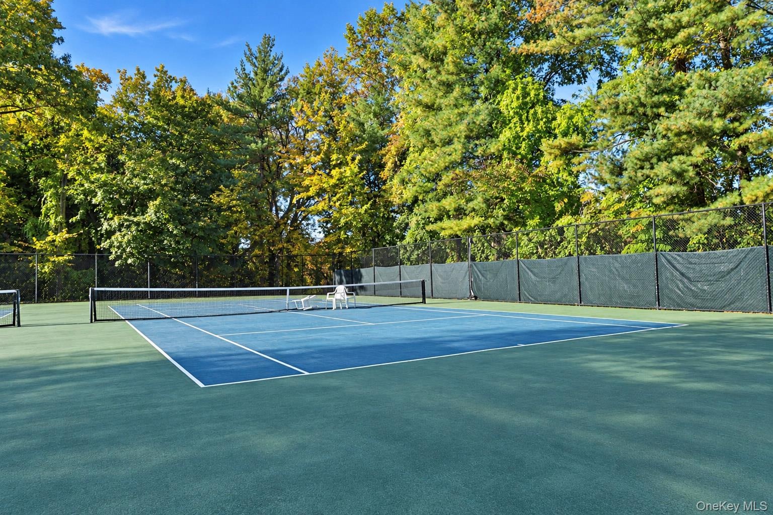Tennis court featuring a blue surface, full-perimeter chain-link fencing, and mature tree-lined borders