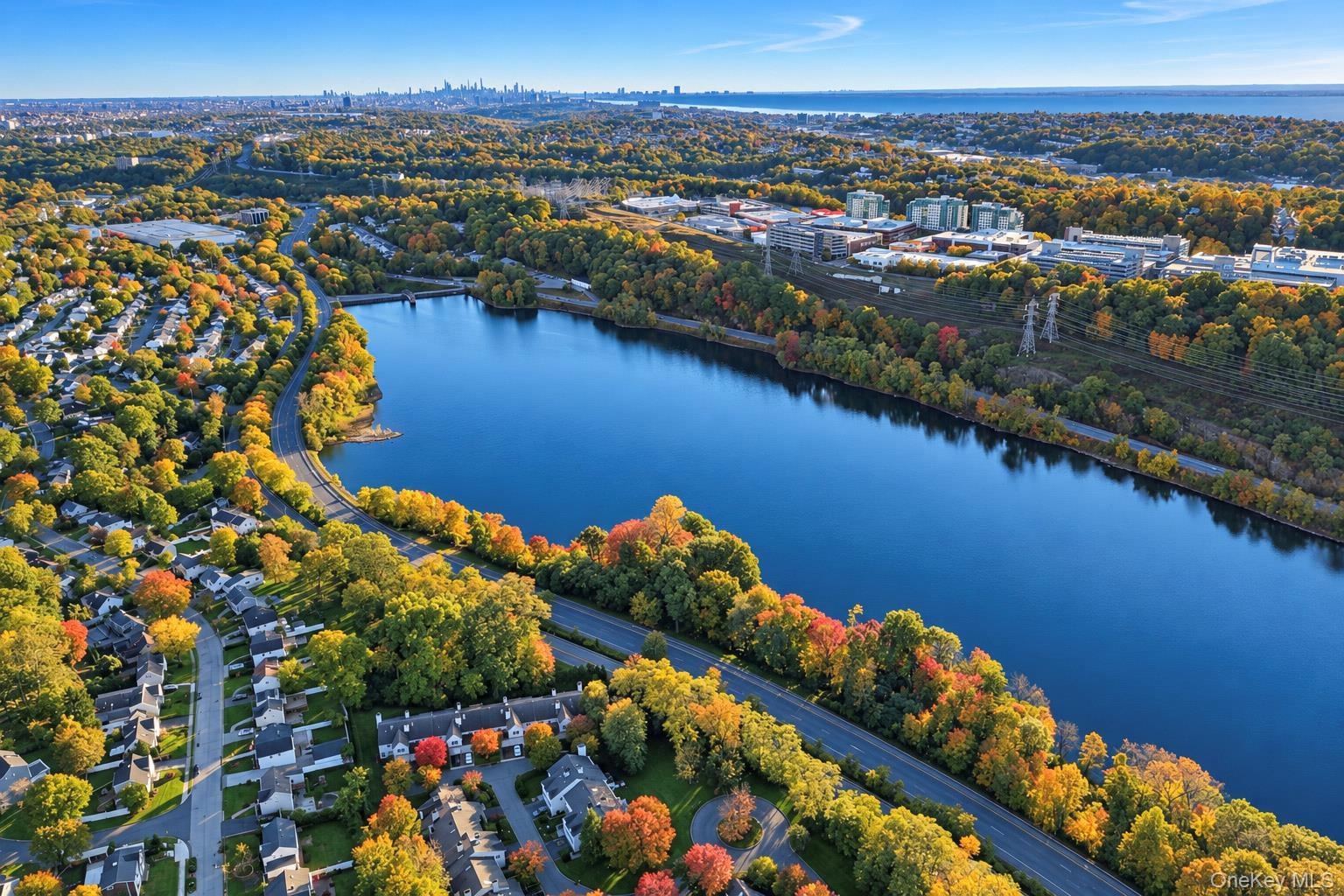 Aerial perspective featuring a waterfront setting, mature foliage, and a metropolitan skyline in the distance