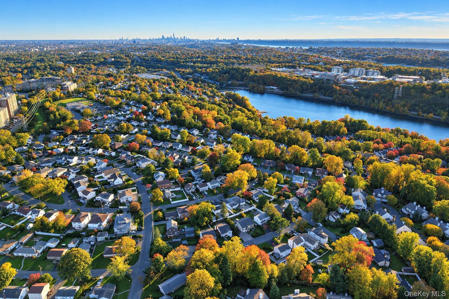 Aerial perspective of the residential area featuring dense tree canopy, proximity to a body of water, and a distant city skyline