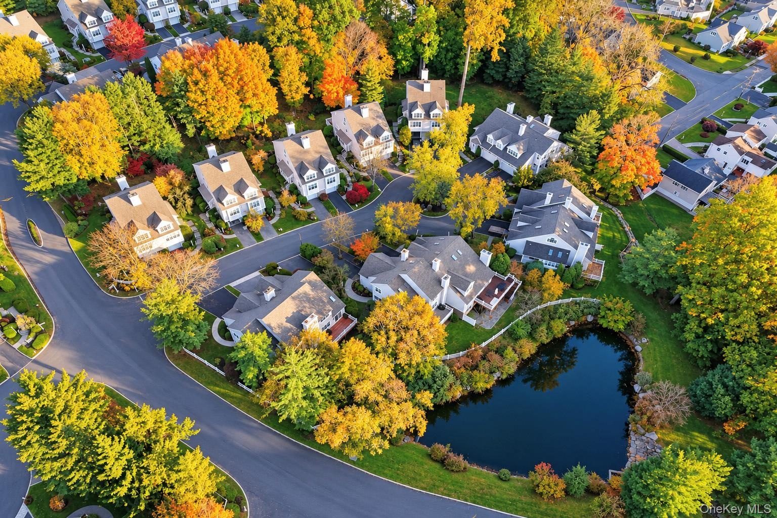 Aerial perspective of a residential neighborhood featuring mature deciduous trees, paved roadways, and a central pond