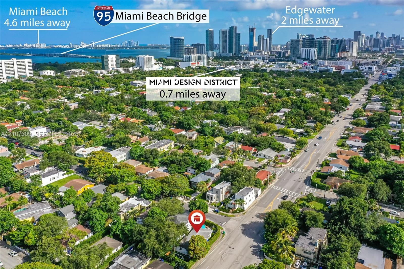 Aerial perspective showcasing an urban residential setting featuring proximity to the Miami Design District, Edgewater, and the Miami Beach Bridge