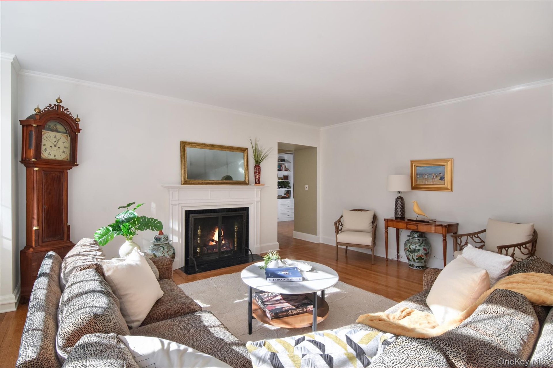 Living room with wood burning fireplace