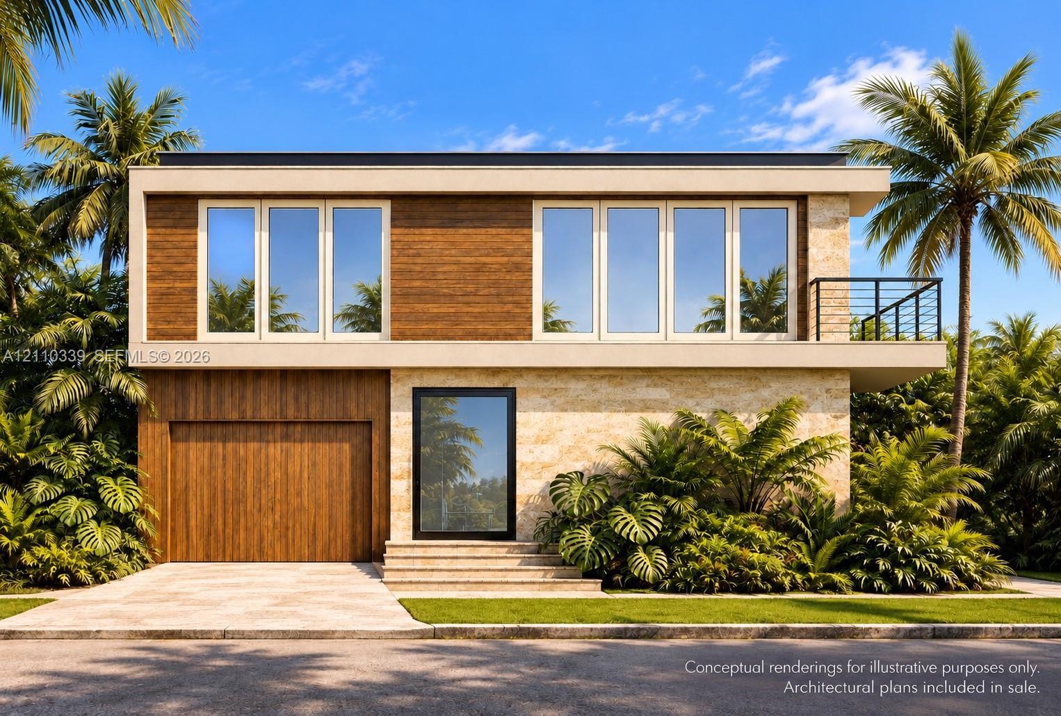 Contemporary two-story exterior featuring stone veneer siding, wood-finish paneling, multi-panel windows, and a private upper-level balcony with metal