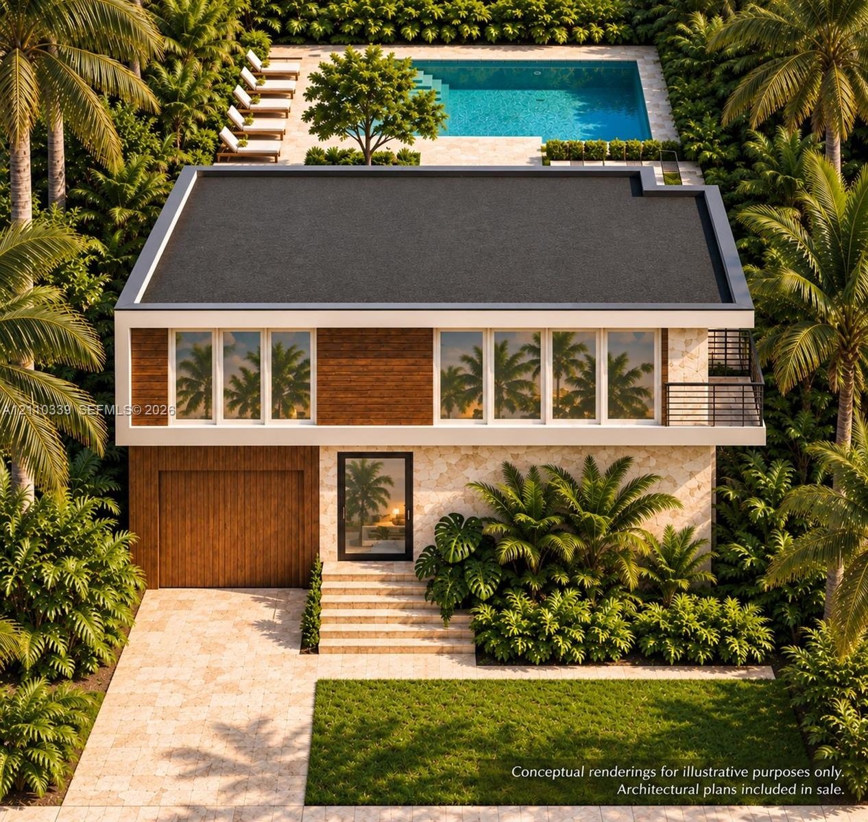 Two-story residence featuring wood-cladding and stone veneer exterior, an attached garage, a private swimming pool, and stone-paved hardscaping