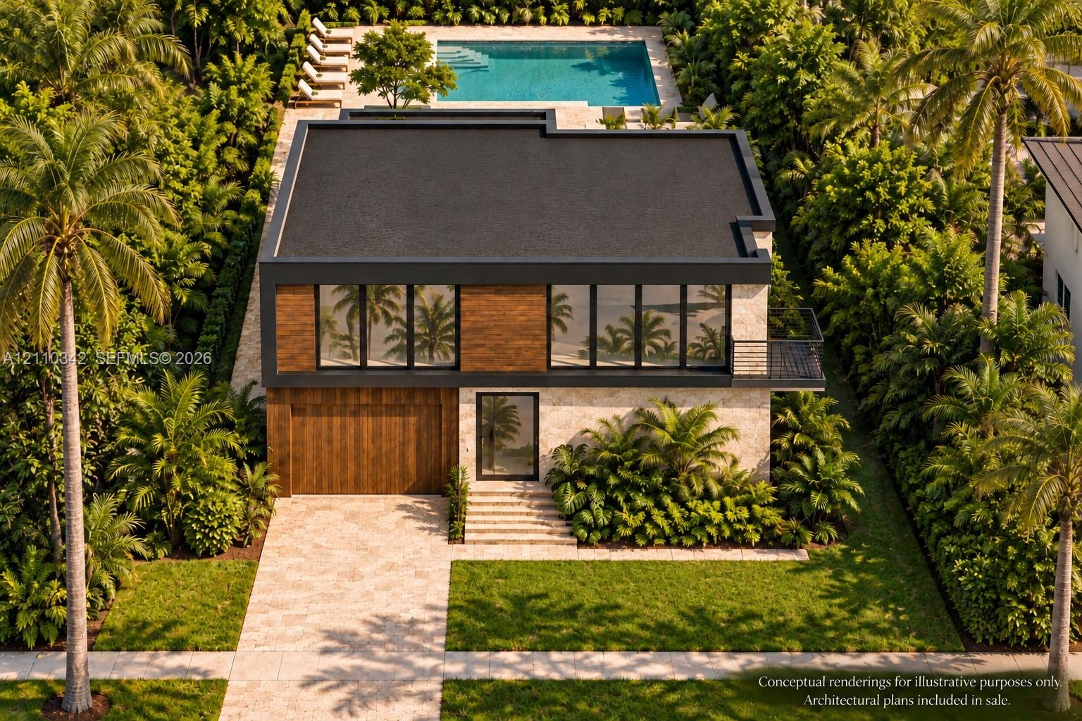 Two-story contemporary residence featuring stone-veneer exterior cladding, wood-finish paneling, an integrated garage, a private swimming pool, and st