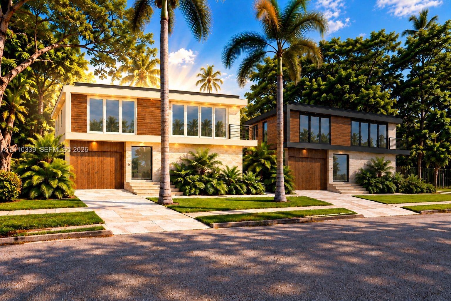 Modern dual-structure exterior featuring wood-finished siding, stone masonry cladding, integrated garage doors, floor-to-ceiling windows, and second-l