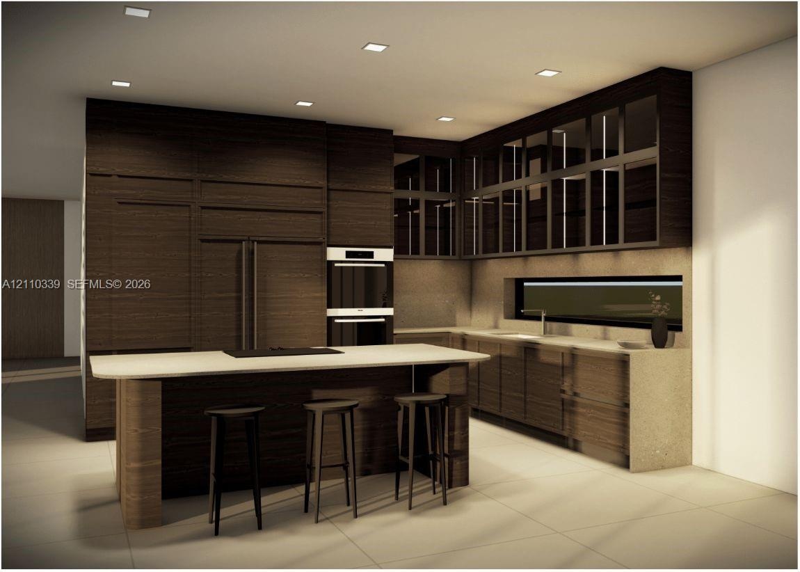Modern kitchen featuring dark wood-finish cabinetry, floor-to-ceiling integrated appliance paneling, recessed lighting, stone-finish countertops, and 
