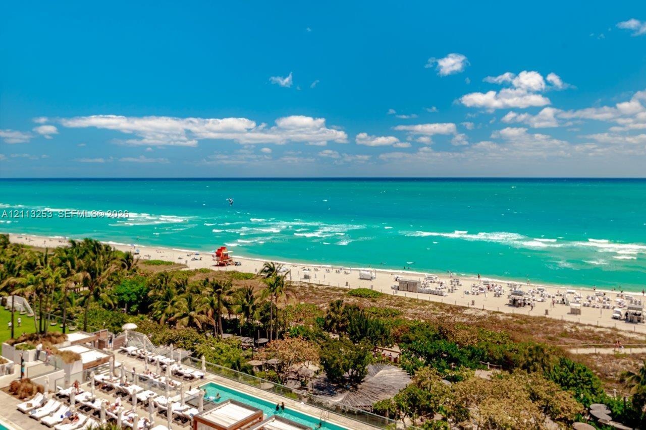 Direct oceanfront exposure featuring a swimming pool, glass-panel perimeter fencing, lush perimeter landscaping, and mature palm trees