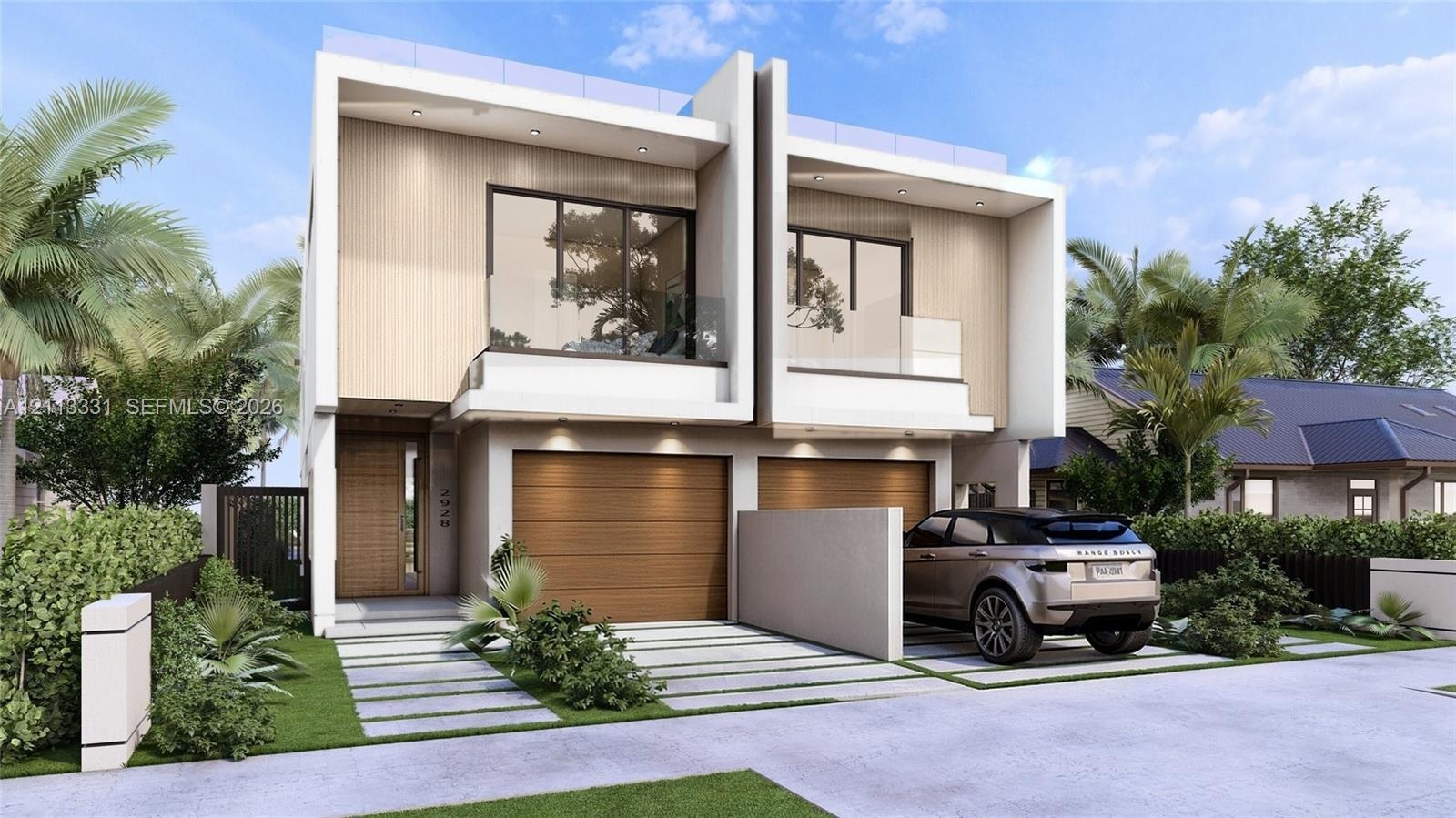 Modern architectural exterior featuring two-tone smooth stucco and wood-finish siding, two attached garages, glass-railed upper-level balconies, and a