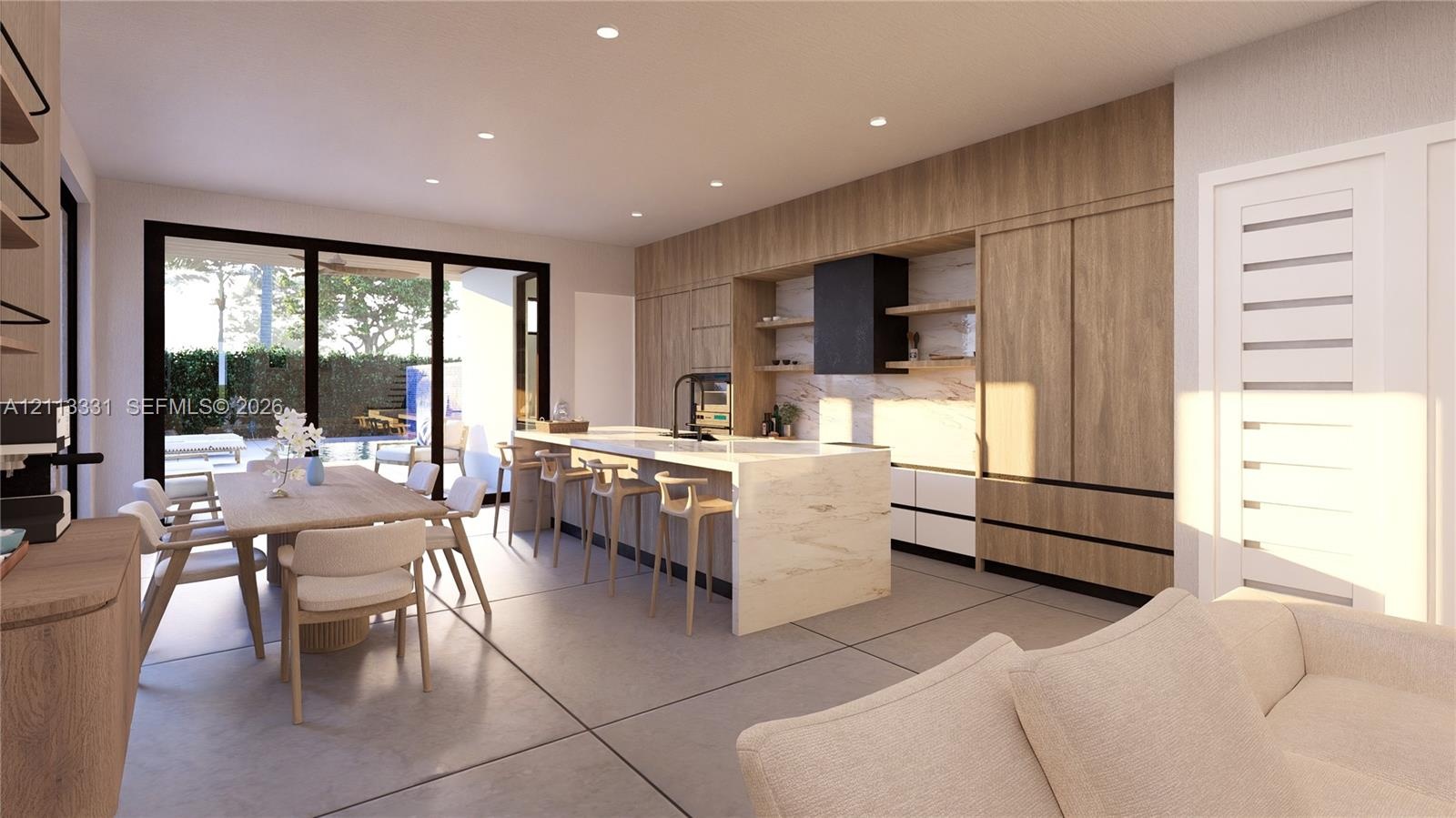 Modern kitchen featuring floor-to-ceiling wood-finish cabinetry, a waterfall-edge stone island, built-in black vent hood, light-toned stone backsplash