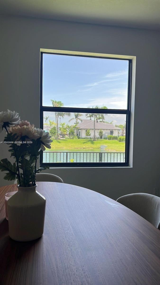 Large single-hung window with a black frame, showcasing water and green space