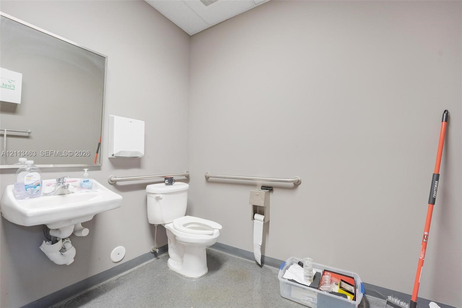 Wall-mounted porcelain sink with chrome fixtures, large rectangular mirror, dual stainless steel support grab bars, and low-profile toilet