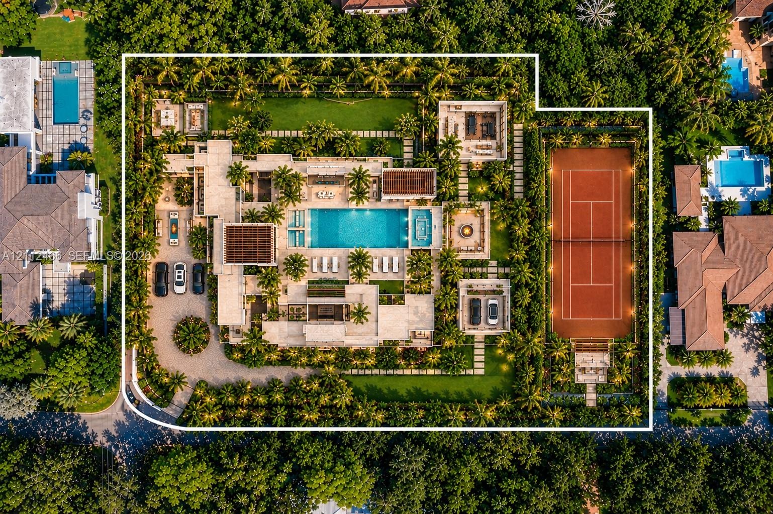 Aerial perspective of a sprawling estate featuring a clay tennis court, large swimming pool with built-in spa, expansive manicured grounds, covered pa