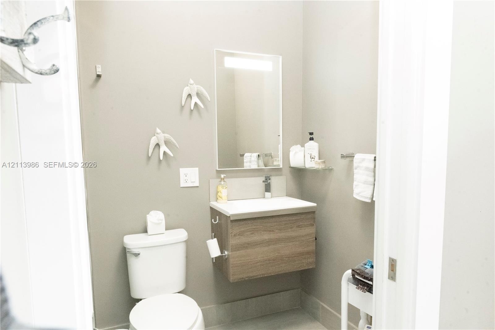 Floating vanity with wood-finish cabinetry, solid-surface countertop, rectangular mirror with integrated lighting, glass shelving, and standard flush 