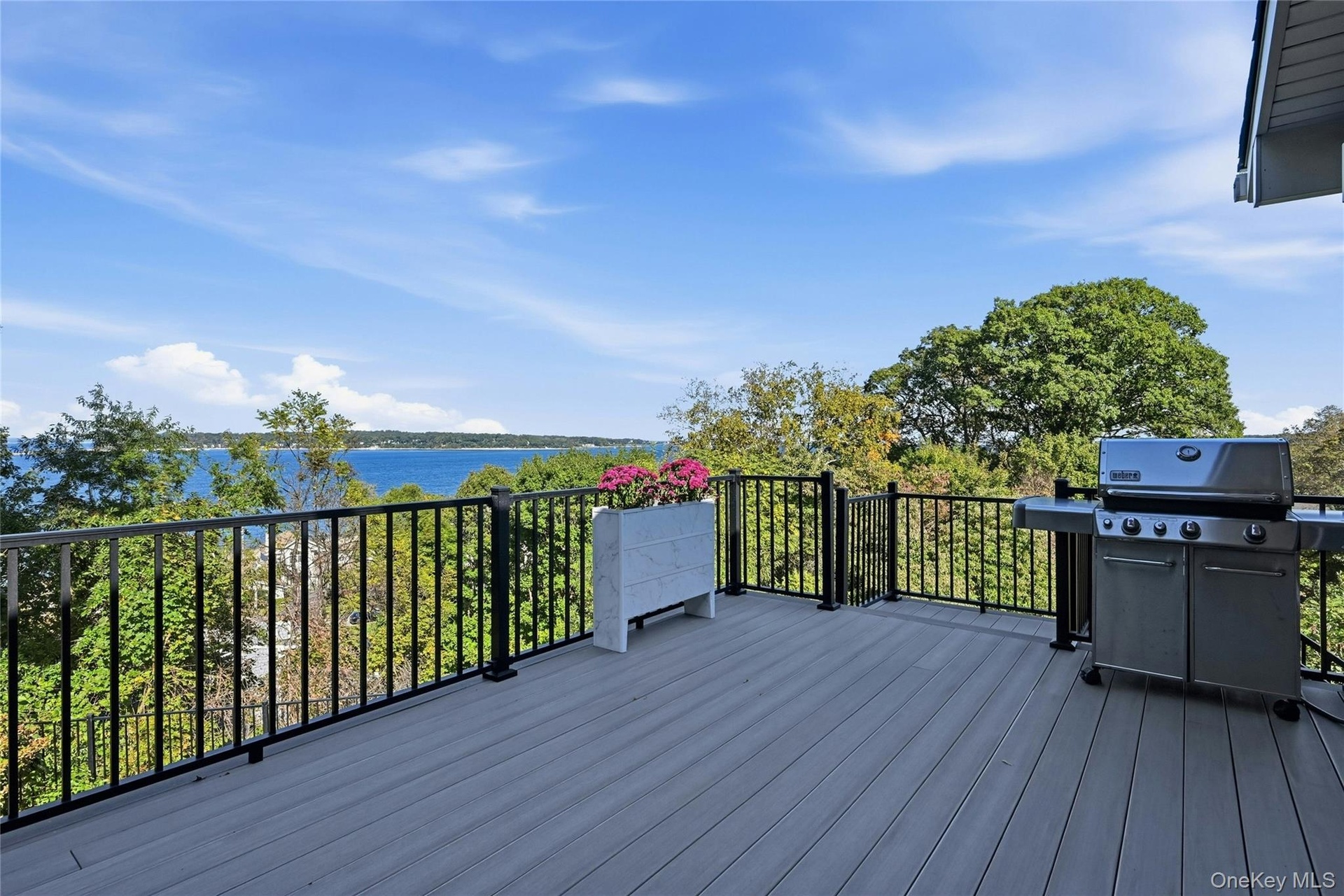 The expansive elevated deck features low-maintenance composite decking and offers breathtaking water views, creating an inviting setting for outdoor r
